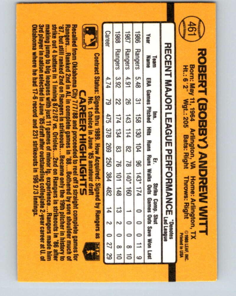 1989 Donruss #461 Bobby Witt Mint Texas Rangers Image 2