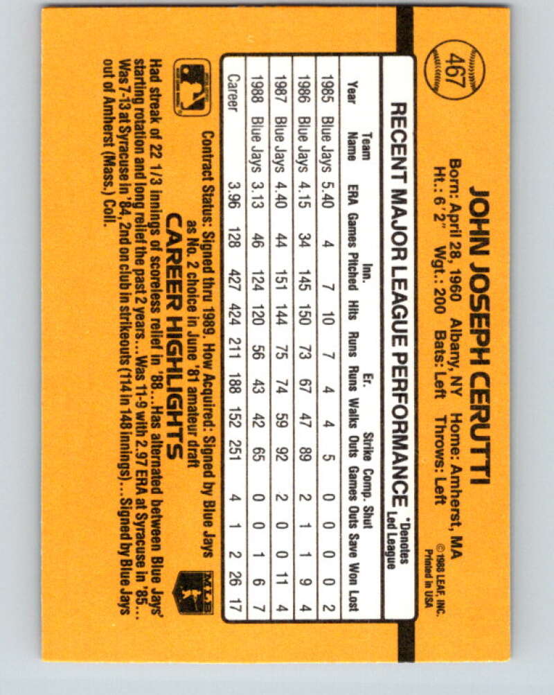 1989 Donruss #467 John Cerutti Mint Toronto Blue Jays Image 2