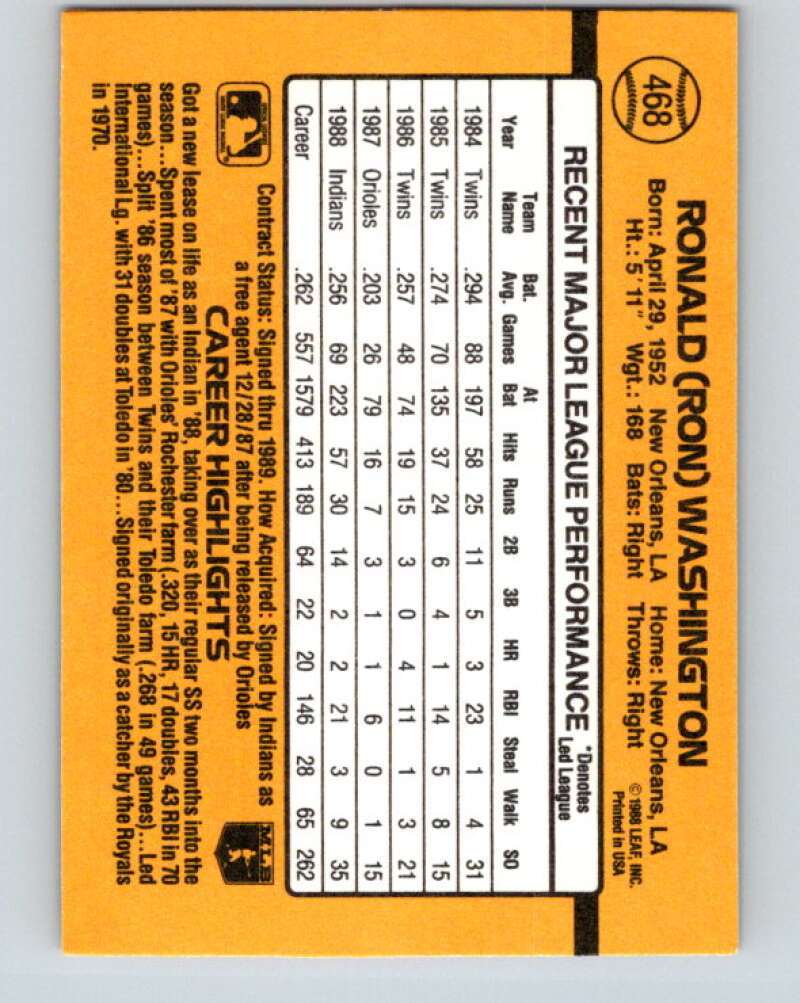 1989 Donruss #468 Ron Washington Mint Cleveland Indians Image 2