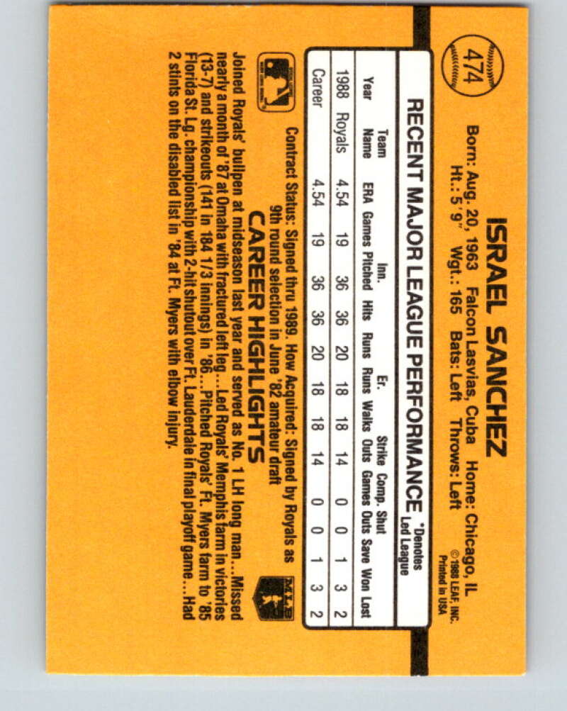 1989 Donruss #474 Israel Sanchez Mint Kansas City Royals Image 2