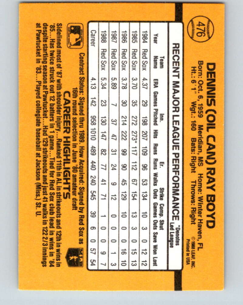 1989 Donruss #476 Oil Can Boyd Mint Boston Red Sox Image 2