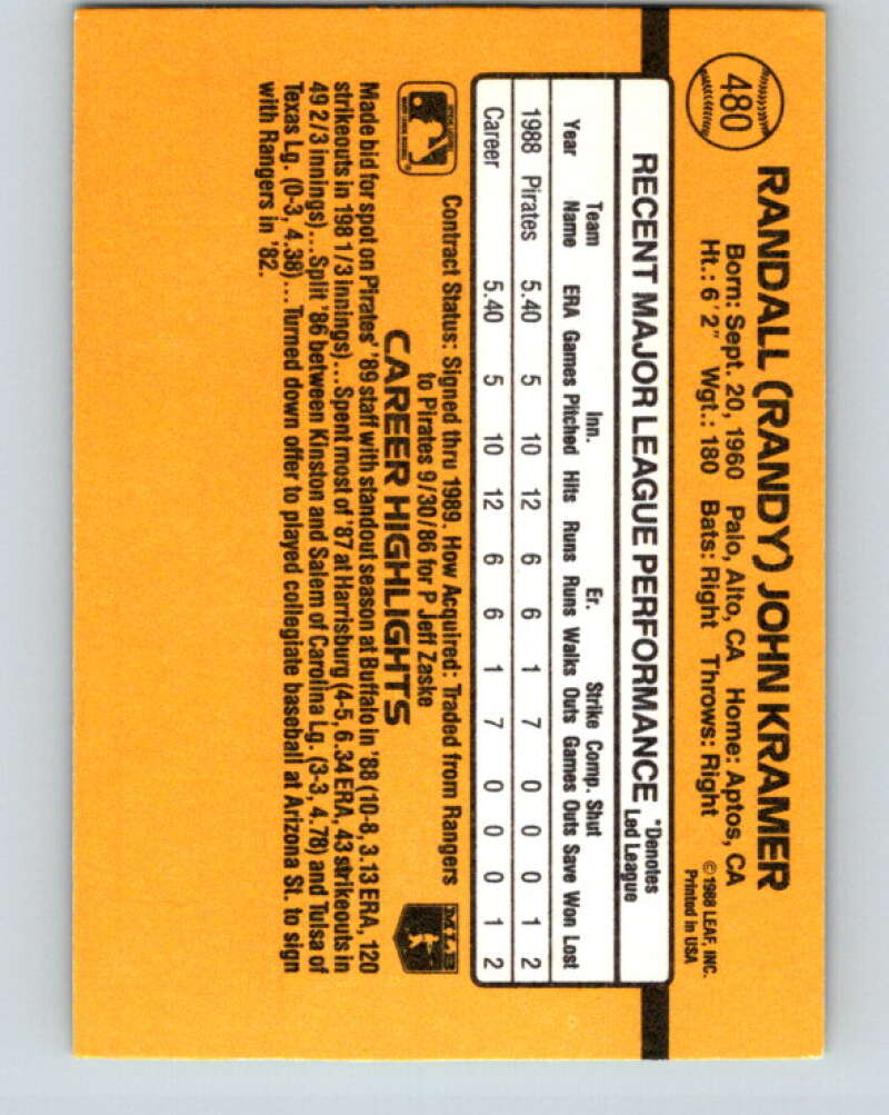 1989 Donruss #480 Randy Kramer Mint Pittsburgh Pirates