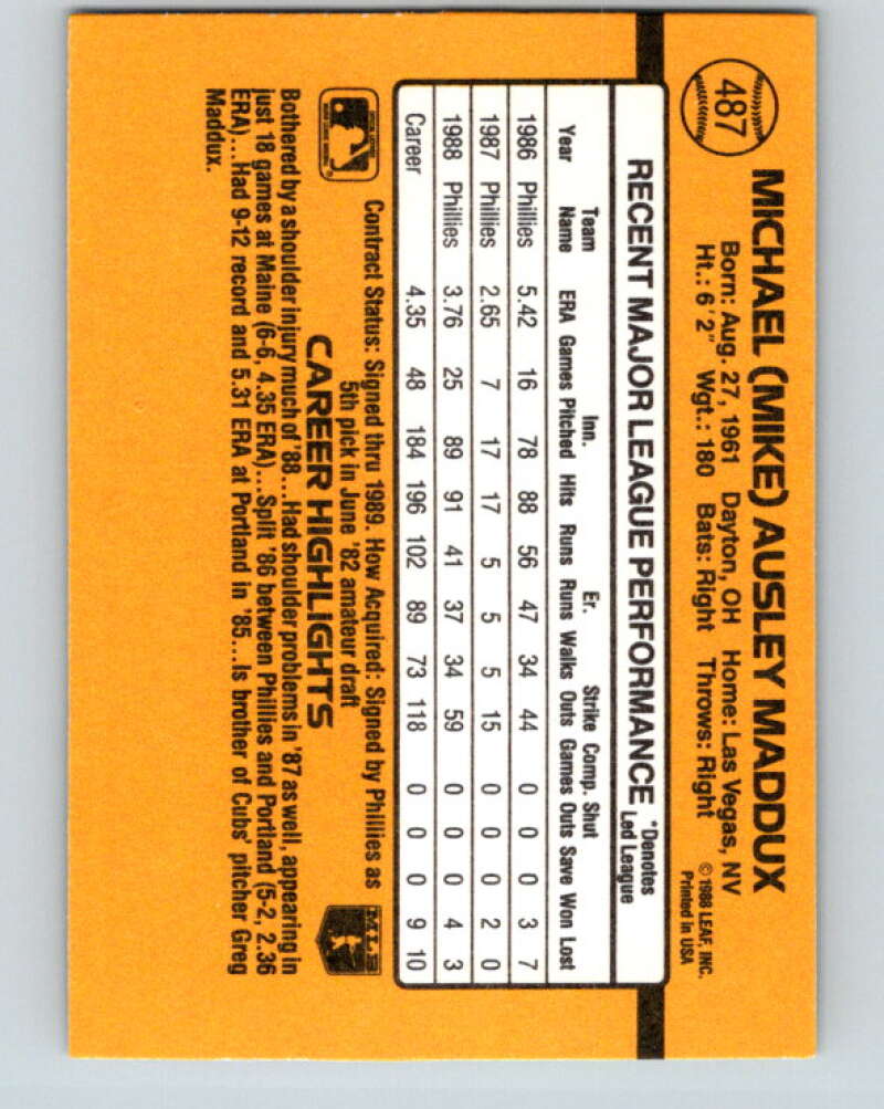 1989 Donruss #487 Mike Maddux Mint Philadelphia Phillies Image 2