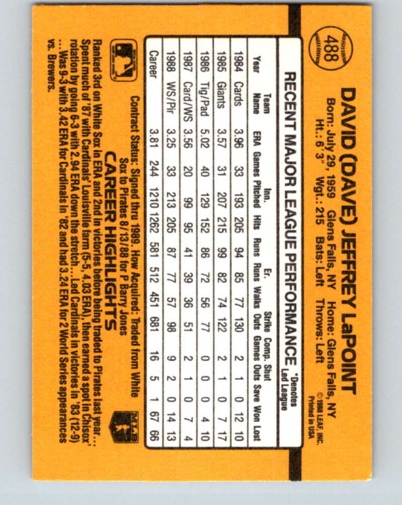 1989 Donruss #488 Dave LaPoint Mint Pittsburgh Pirates Image 2