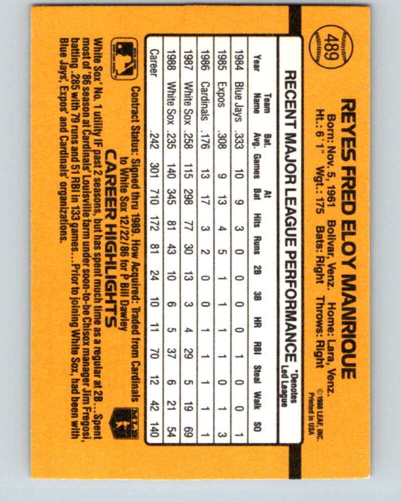 1989 Donruss #489 Fred Manrique Mint Chicago White Sox Image 2