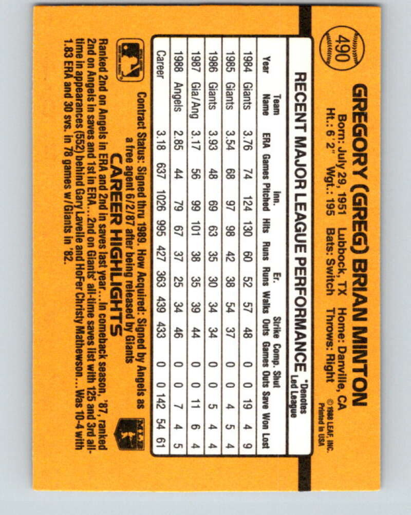 1989 Donruss #490 Greg Minton Mint California Angels Image 2