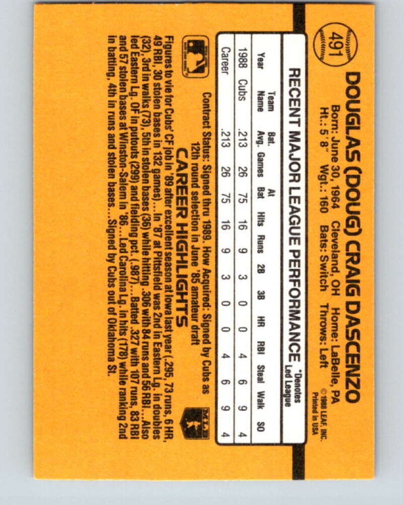 1989 Donruss #491 Doug Dascenzo UER Mint RC Rookie Chicago Cubs Image 2