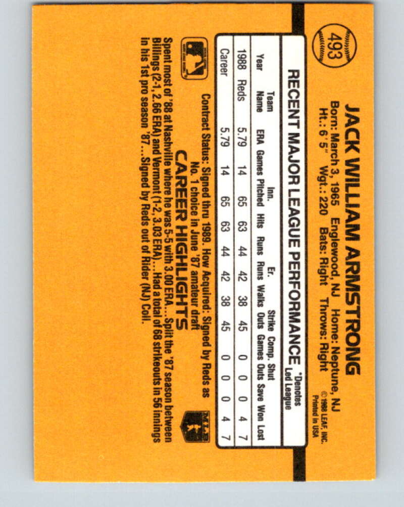 1989 Donruss #493 Jack Armstrong Mint RC Rookie Cincinnati Reds Image 2