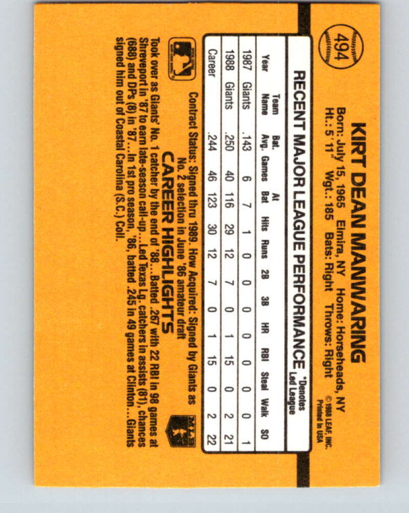 1989 Donruss #494 Kirt Manwaring Mint San Francisco Giants Image 2