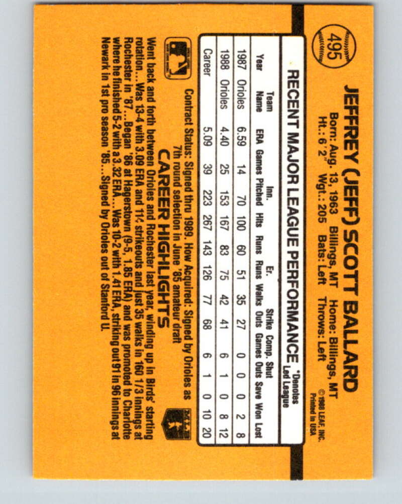 1989 Donruss #495 Jeff Ballard Mint Baltimore Orioles Image 2
