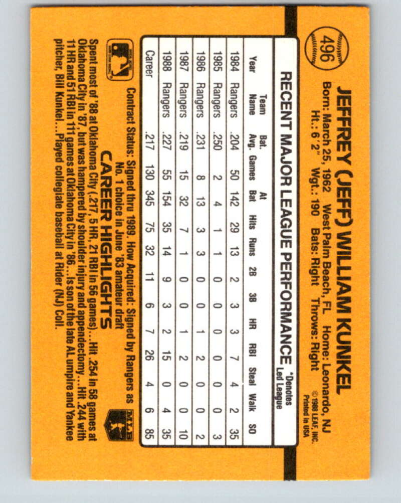 1989 Donruss #496 Jeff Kunkel Mint Texas Rangers Image 2