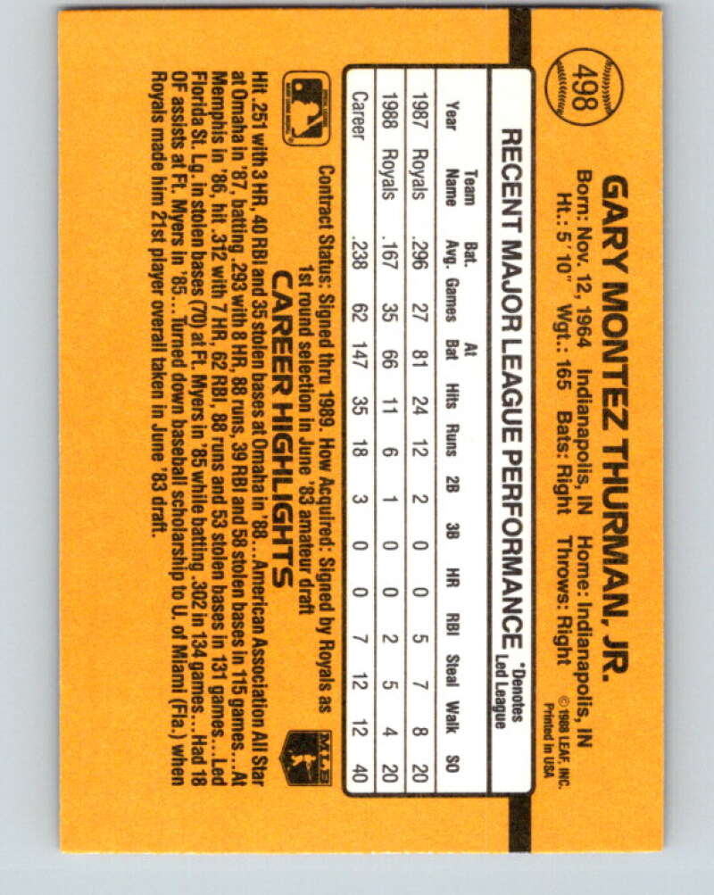 1989 Donruss #498 Gary Thurman Mint Kansas City Royals Image 2