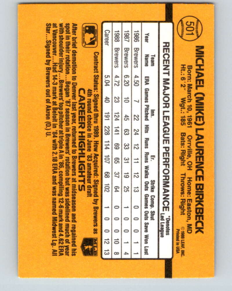 1989 Donruss #501 Mike Birkbeck Mint Milwaukee Brewers Image 2