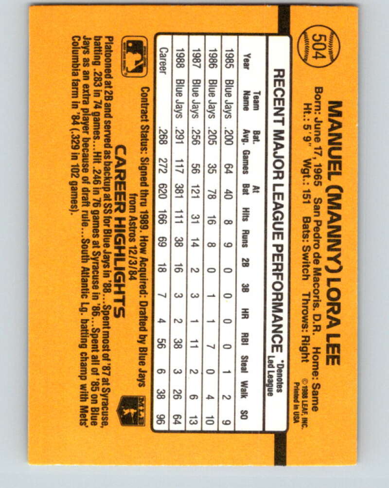1989 Donruss #504 Manuel Lee Mint Toronto Blue Jays Image 2