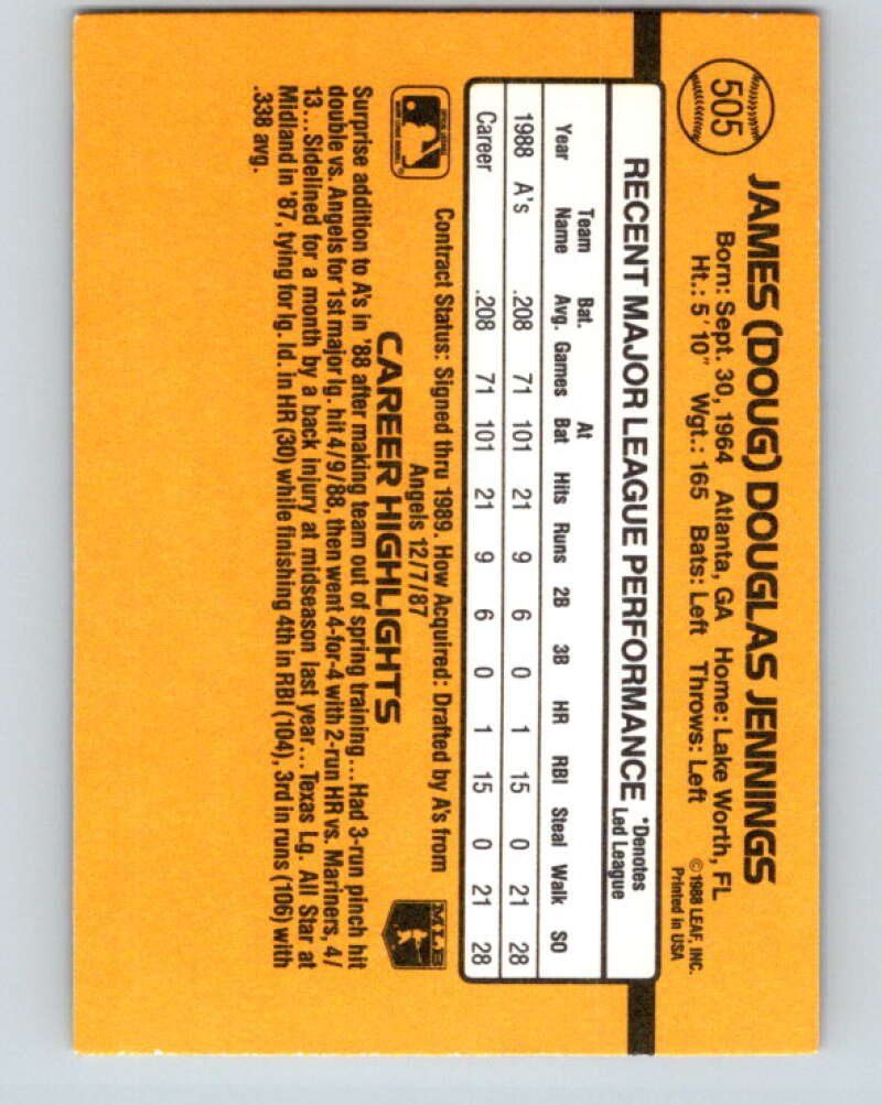 1989 Donruss #505 Doug Jennings Mint RC Rookie Oakland Athletics Image 2