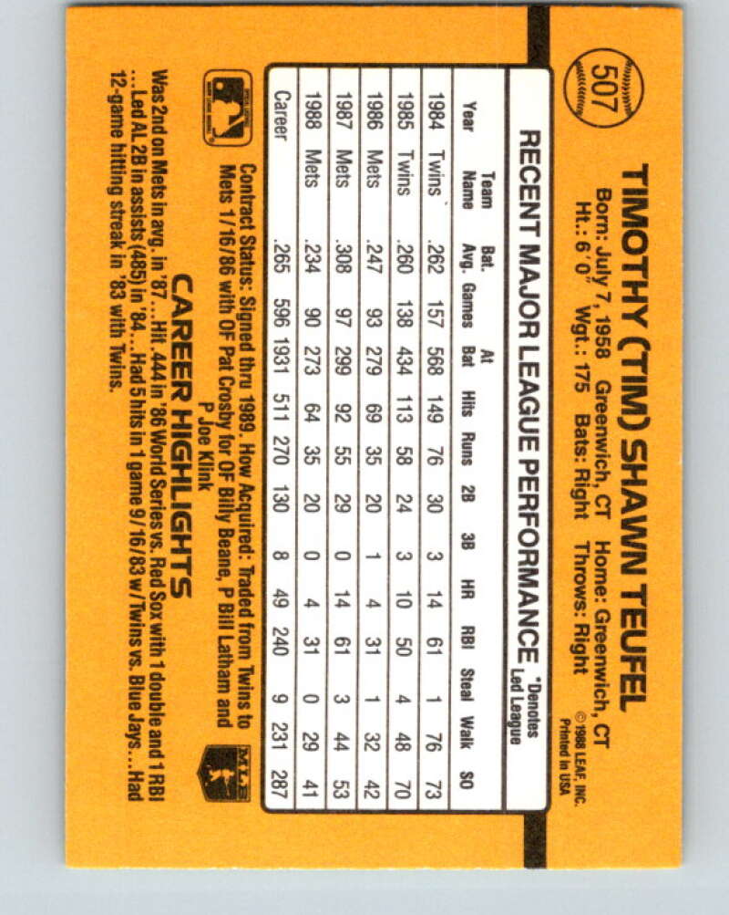 1989 Donruss #507 Tim Teufel Mint New York Mets Image 2
