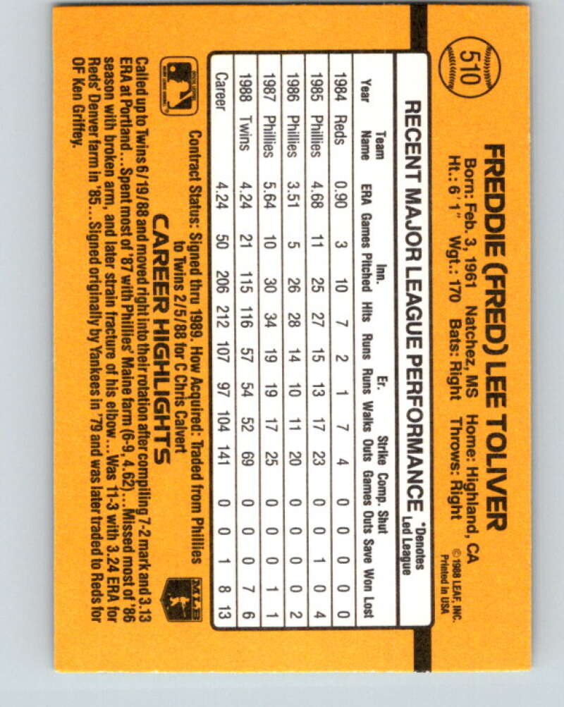 1989 Donruss #510 Freddie Toliver Mint Minnesota Twins Image 2