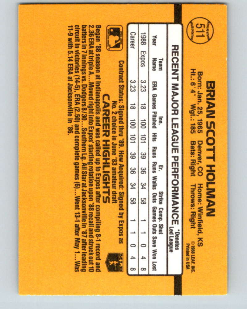 1989 Donruss #511 Brian Holman Mint RC Rookie Montreal Expos Image 2