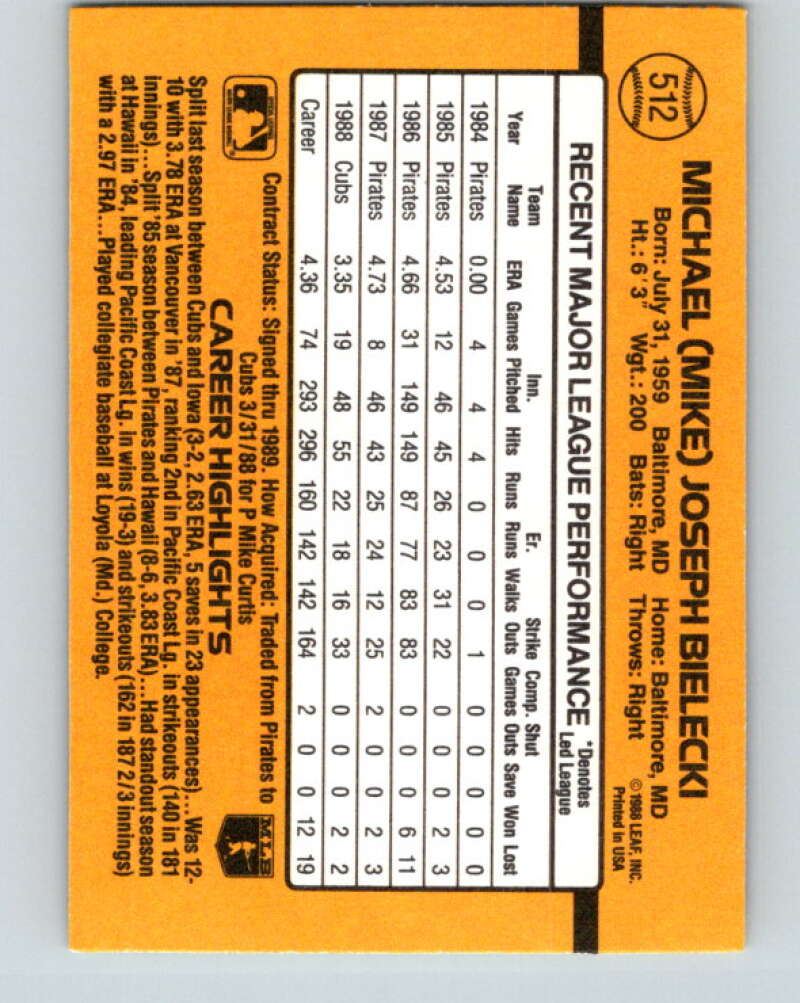1989 Donruss #512 Mike Bielecki Mint Chicago Cubs Image 2