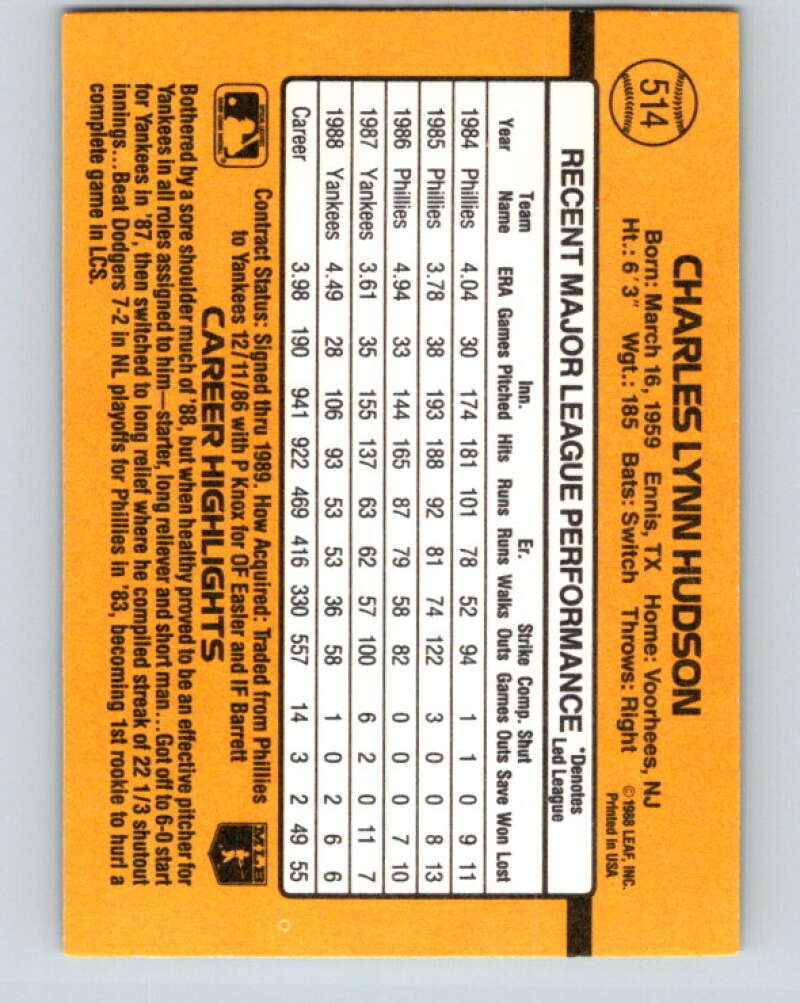 1989 Donruss #514 Charles Hudson Mint New York Yankees Image 2