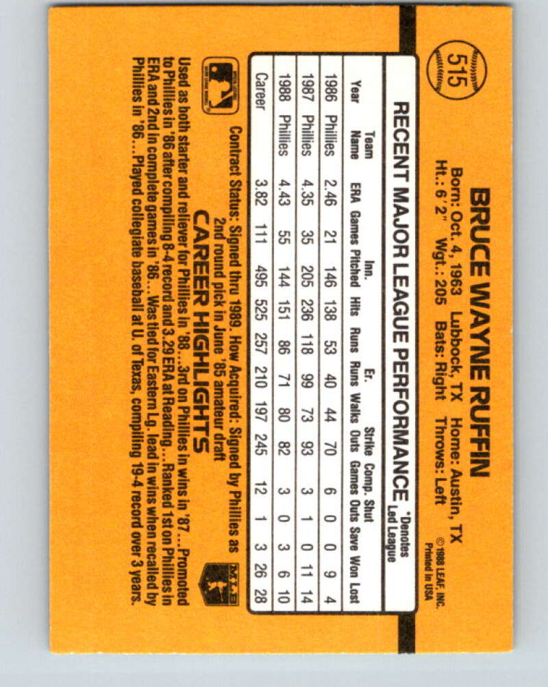 1989 Donruss #515 Bruce Ruffin Mint Philadelphia Phillies Image 2