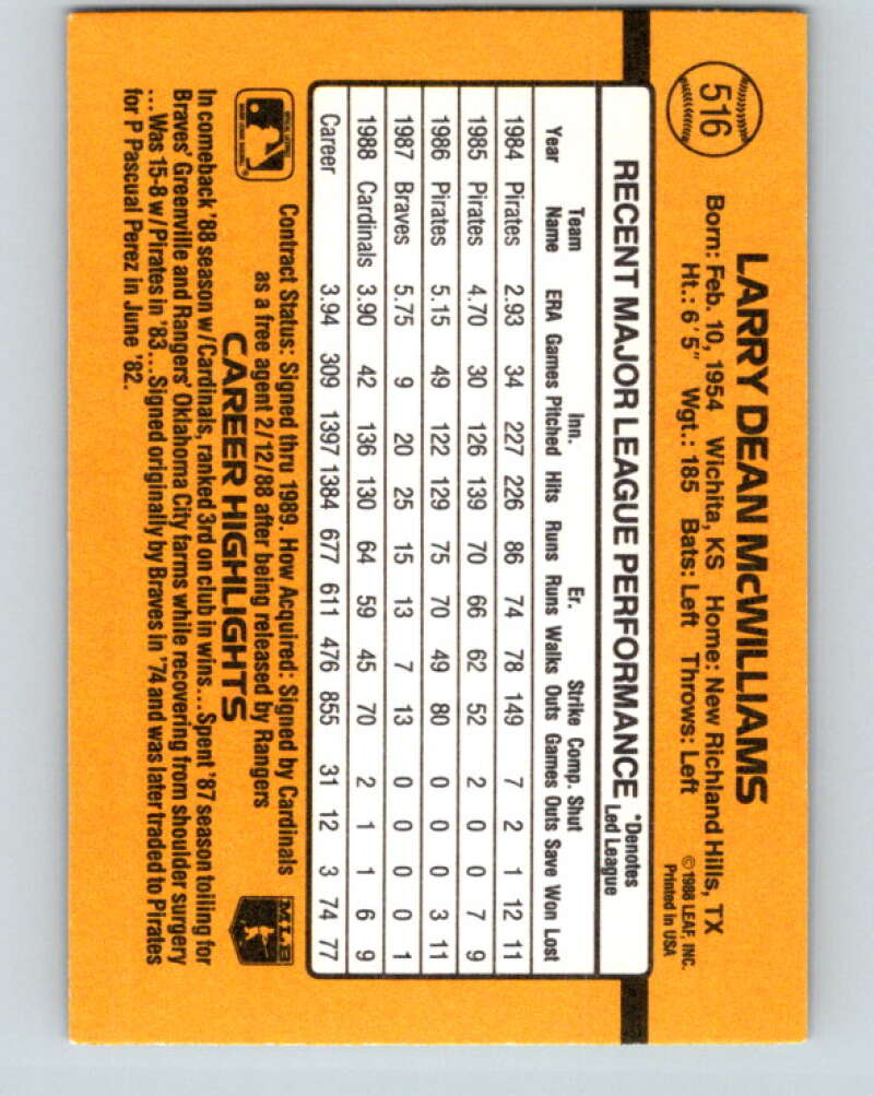 1989 Donruss #516 Larry McWilliams UER Mint St. Louis Cardinals Image 2