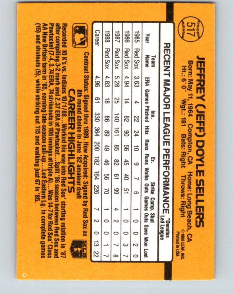 1989 Donruss #517 Jeff Sellers Mint Boston Red Sox Image 2