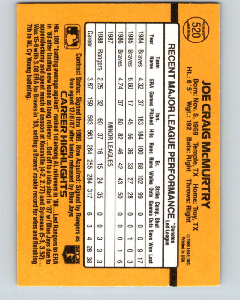 1989 Donruss #520 Craig McMurtry Mint Texas Rangers Image 2