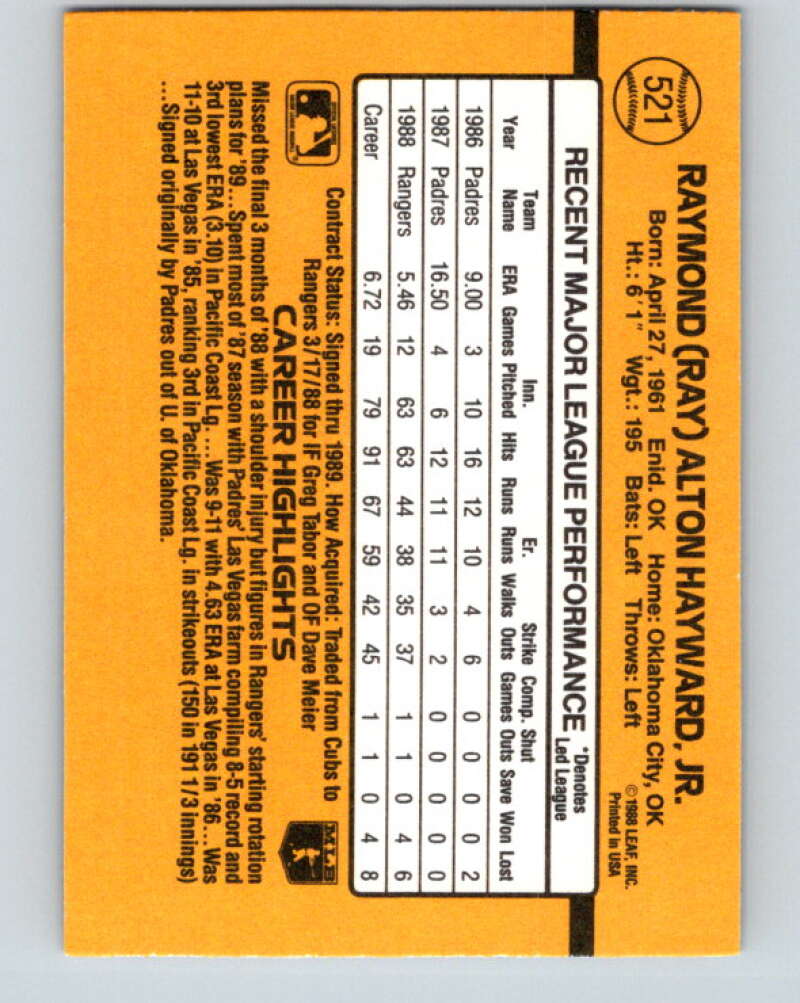 1989 Donruss #521 Ray Hayward DP Mint Texas Rangers Image 2