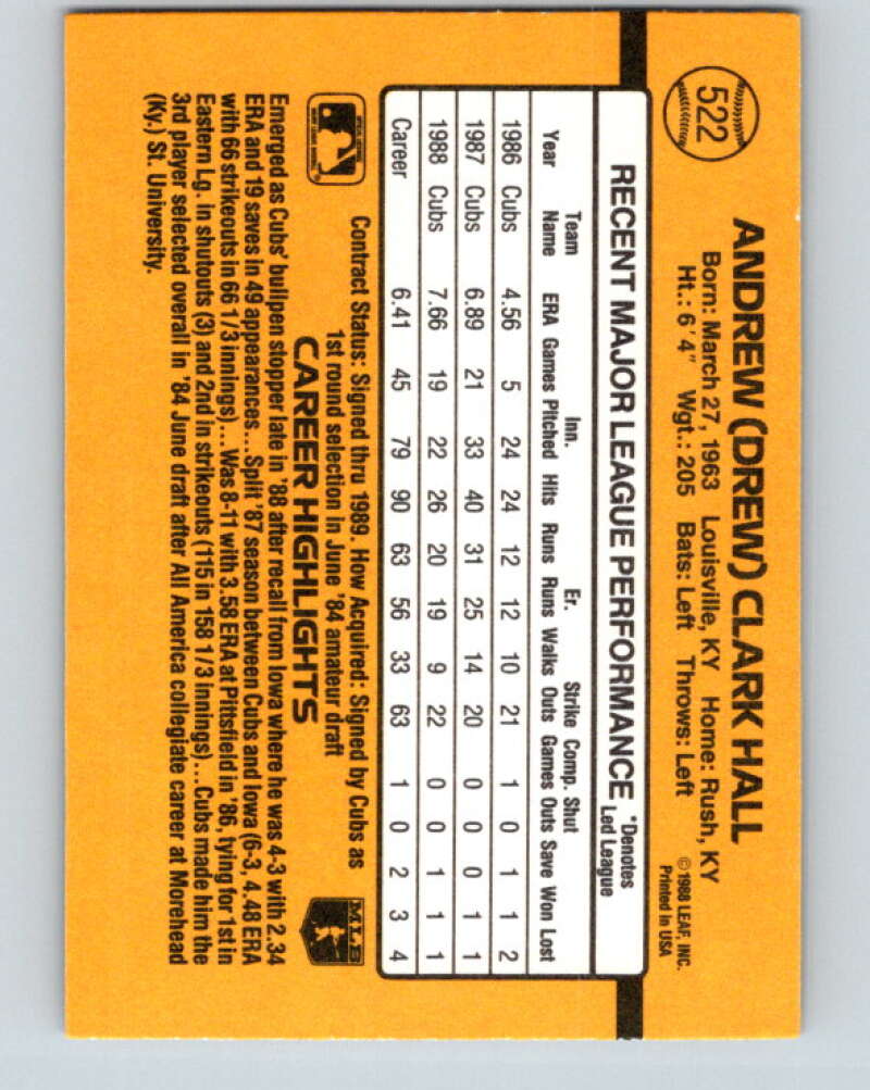 1989 Donruss #522 Drew Hall DP Mint Chicago Cubs Image 2