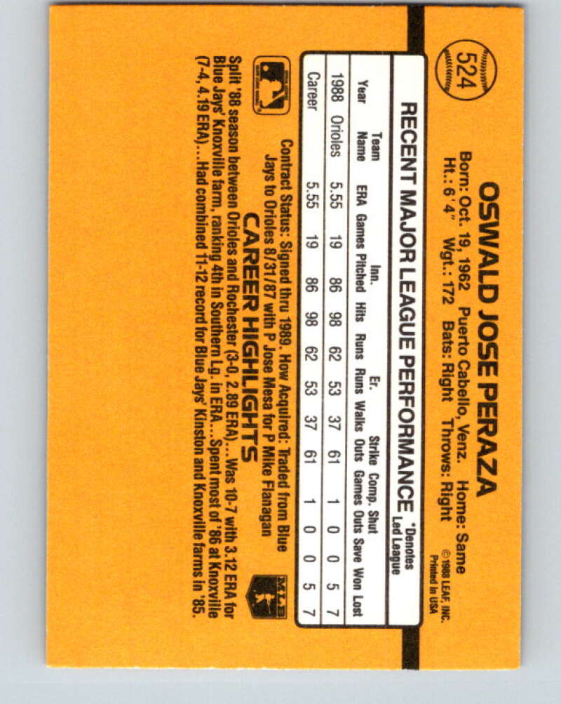 1989 Donruss #524 Oswaldo Peraza DP Mint Baltimore Orioles Image 2