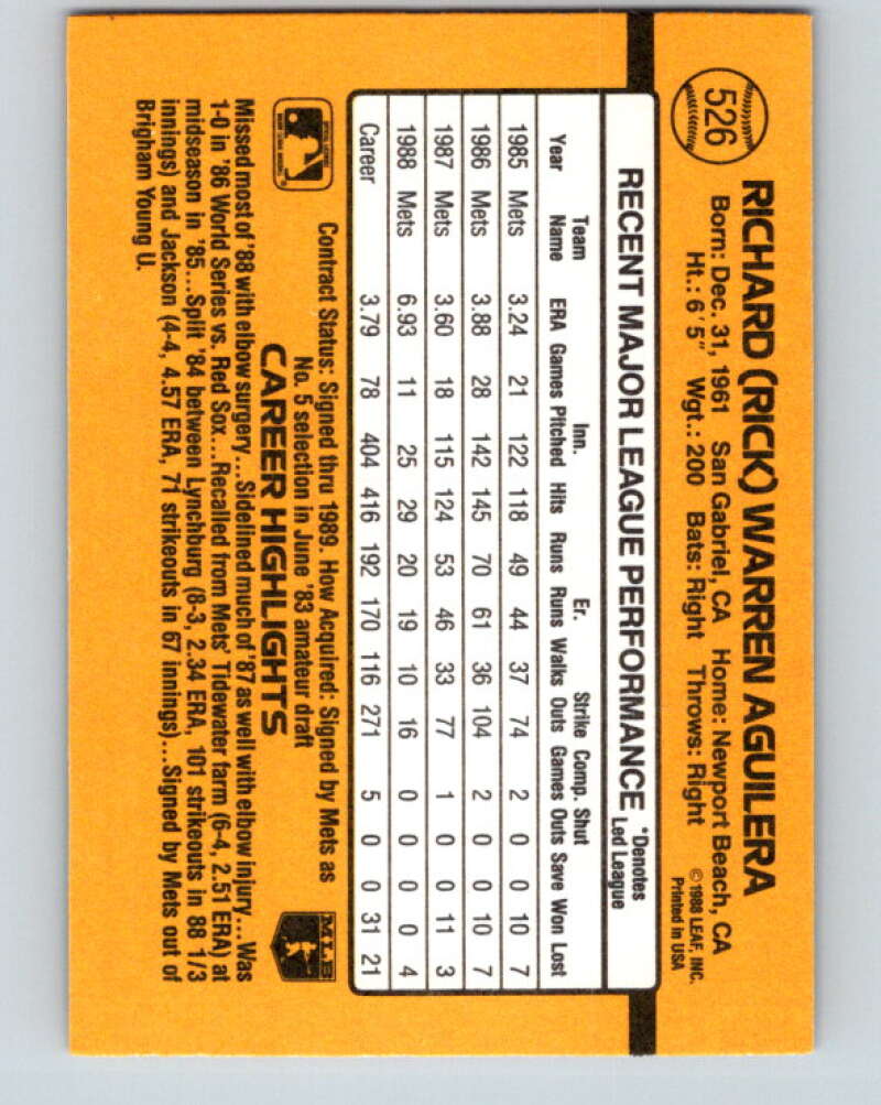 1989 Donruss #526 Rick Aguilera DP Mint New York Mets Image 2