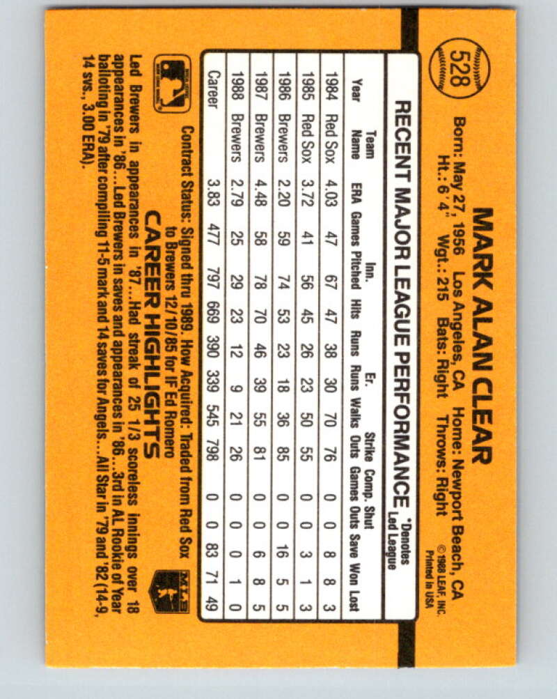 1989 Donruss #528 Mark Clear DP Mint Milwaukee Brewers Image 2