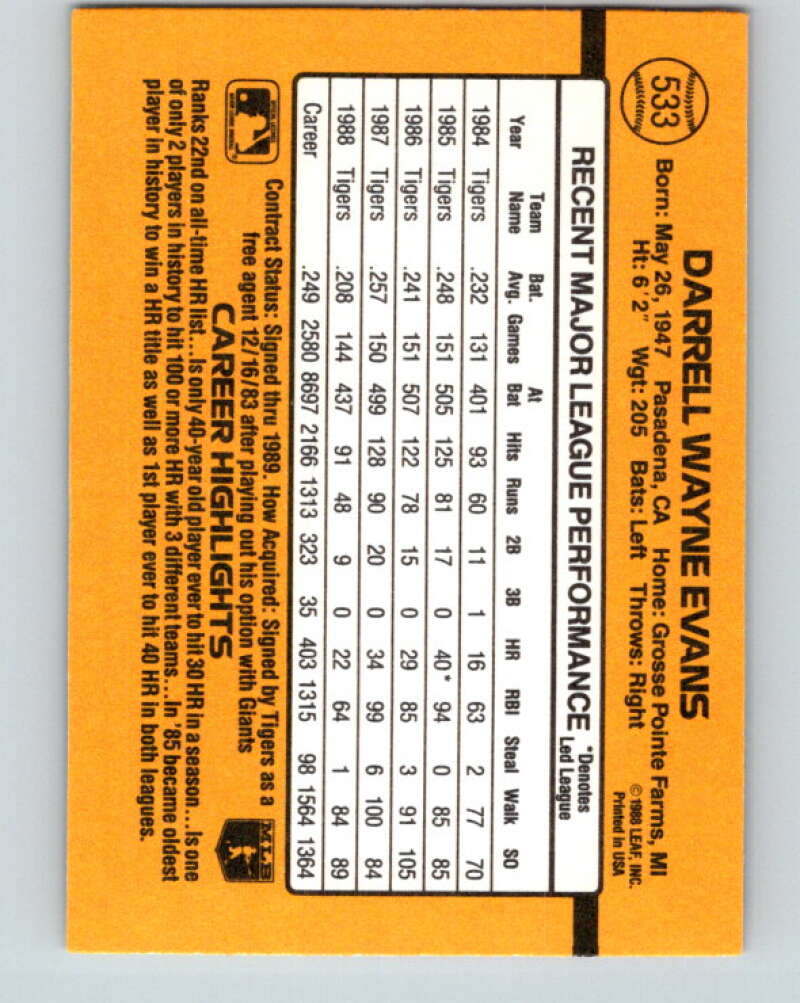 1989 Donruss #533 Darrell Evans DP Mint Detroit Tigers Image 2