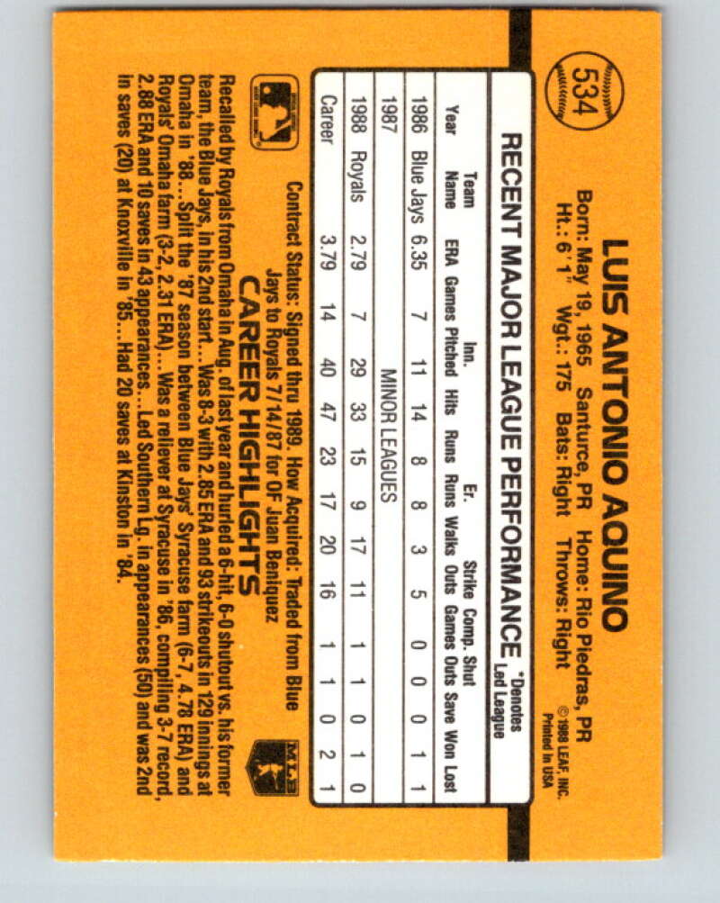 1989 Donruss #534 Luis Aquino DP Mint Kansas City Royals Image 2