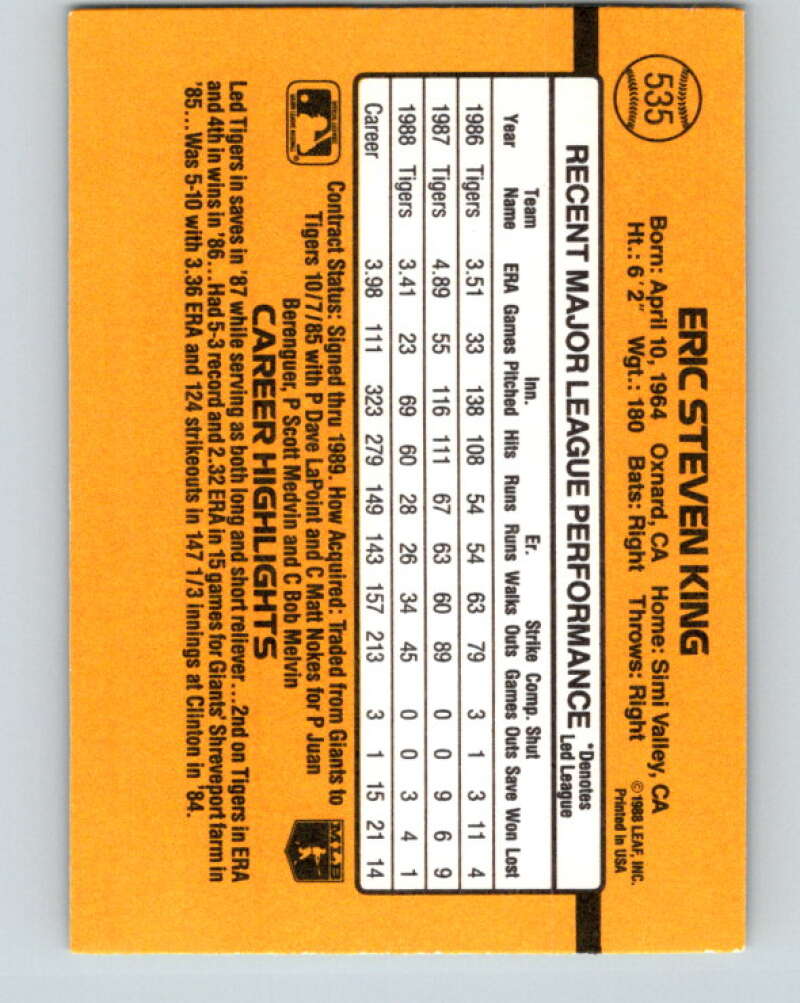 1989 Donruss #535 Eric King DP Mint Detroit Tigers Image 2