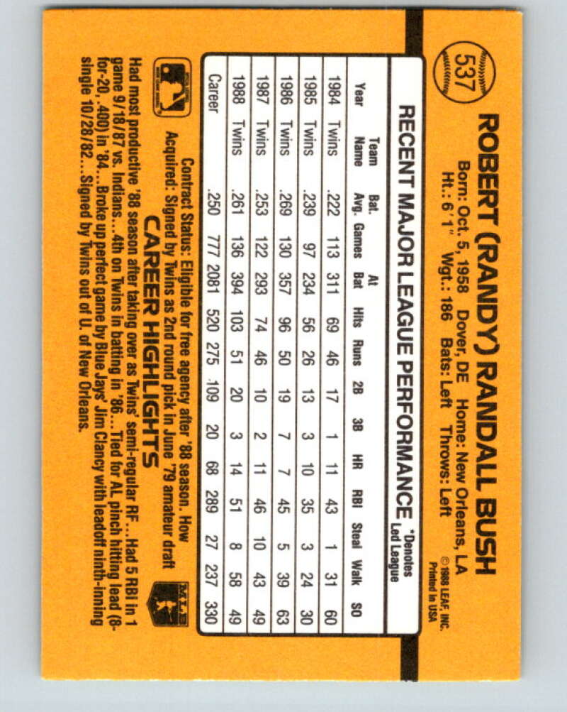 1989 Donruss #537 Randy Bush DP Mint Minnesota Twins Image 2