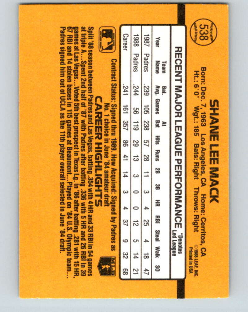 1989 Donruss #538 Shane Mack DP Mint San Diego Padres Image 2