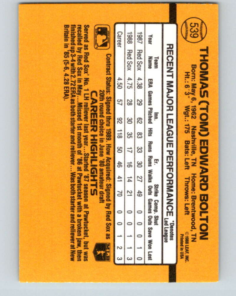 1989 Donruss #539 Tom Bolton DP Mint Boston Red Sox Image 2