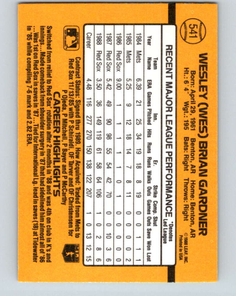 1989 Donruss #541 Wes Gardner DP Mint Boston Red Sox Image 2
