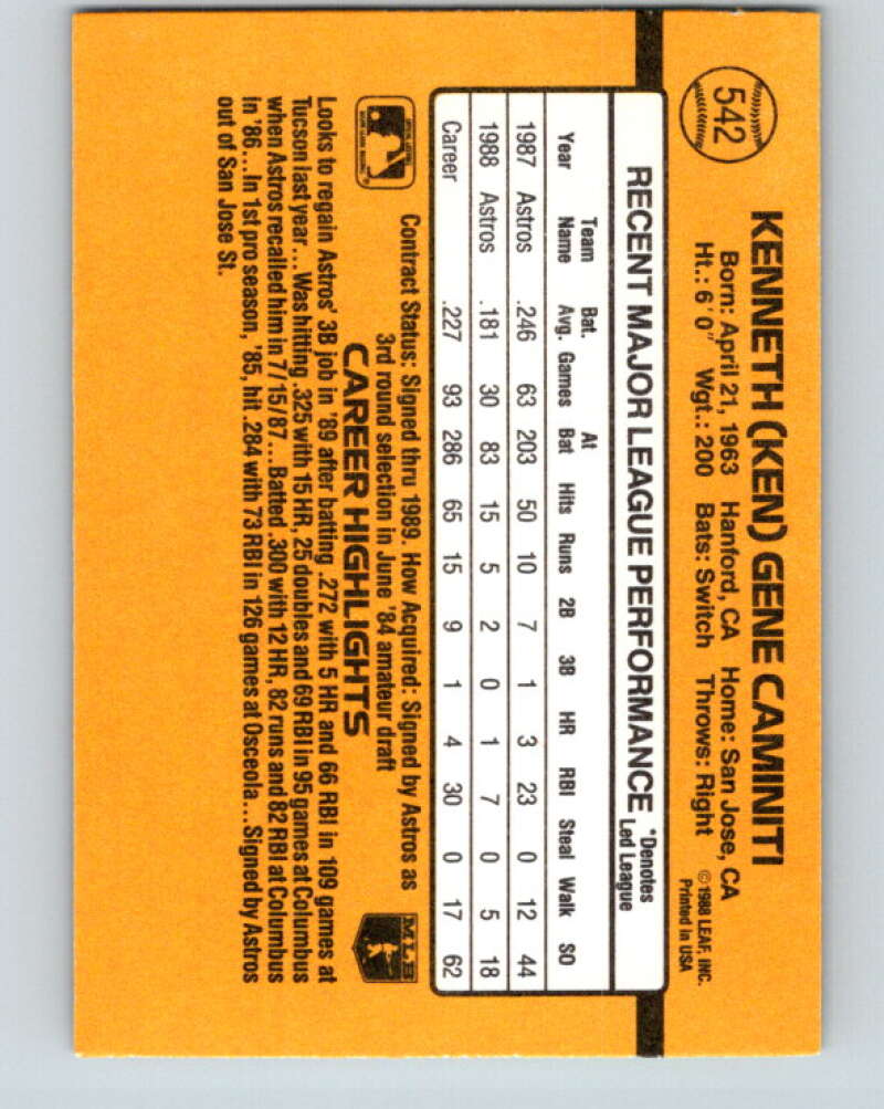 1989 Donruss #542 Ken Caminiti DP Mint Houston Astros Image 2