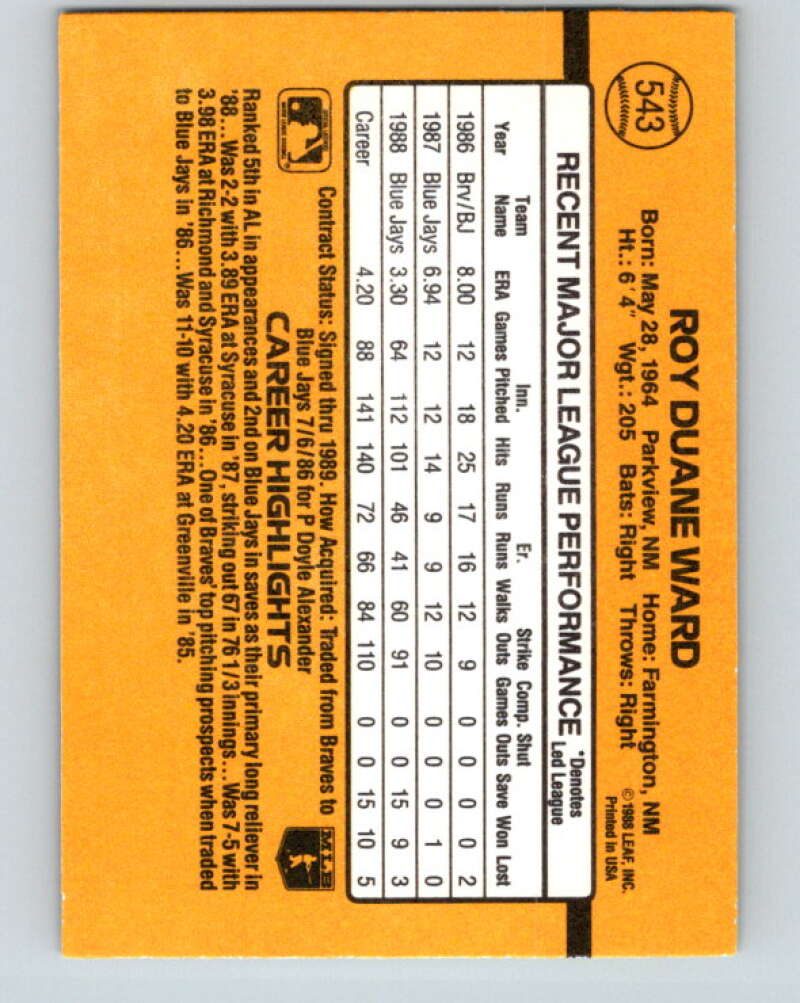 1989 Donruss #543 Duane Ward DP Mint Toronto Blue Jays Image 2
