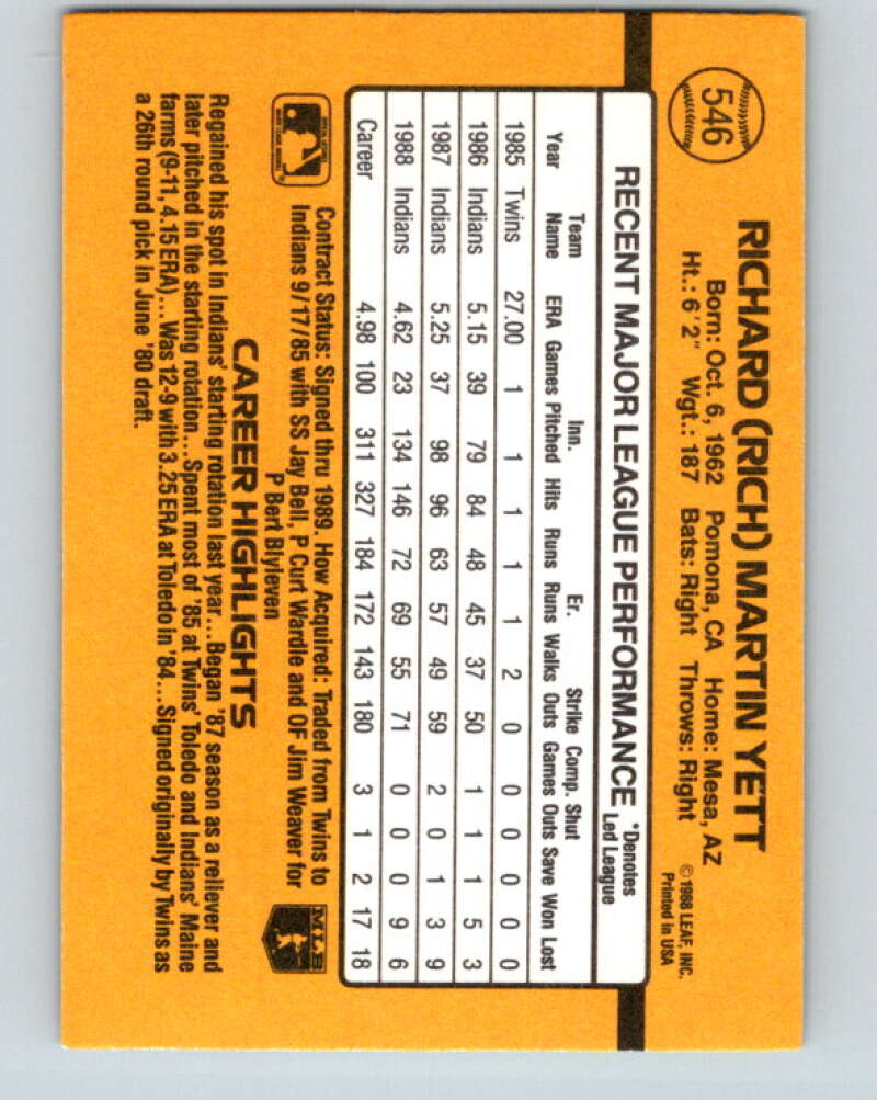 1989 Donruss #546 Rich Yett DP Mint Cleveland Indians Image 2