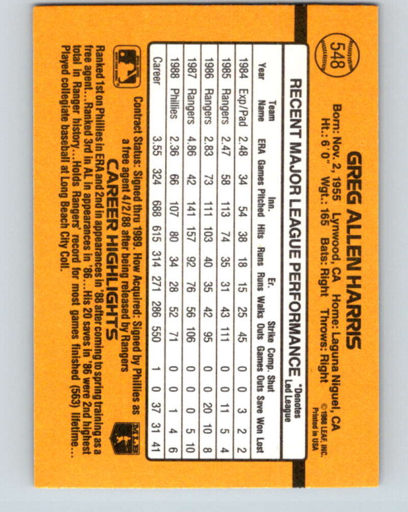 1989 Donruss #548 Greg Harris DP Mint Philadelphia Phillies Image 2