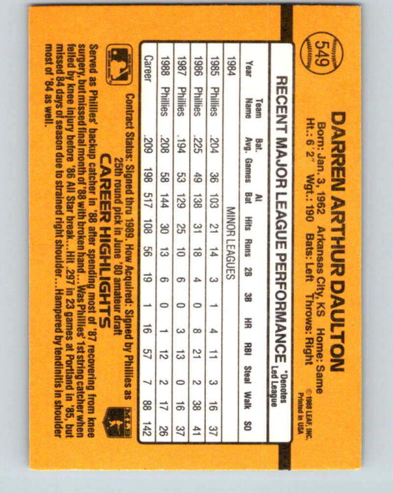 1989 Donruss #549 Darren Daulton Mint Philadelphia Phillies Image 2