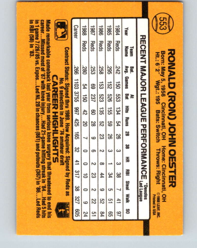 1989 Donruss #553 Ron Oester DP Mint Cincinnati Reds Image 2