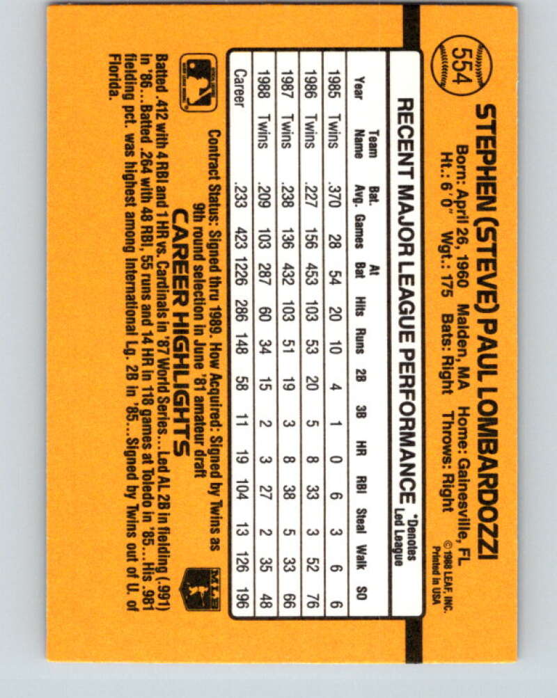 1989 Donruss #554 Steve Lombardozzi DP Mint Minnesota Twins Image 2