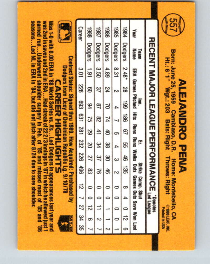 1989 Donruss #557 Alejandro Pena DP Mint Los Angeles Dodgers Image 2