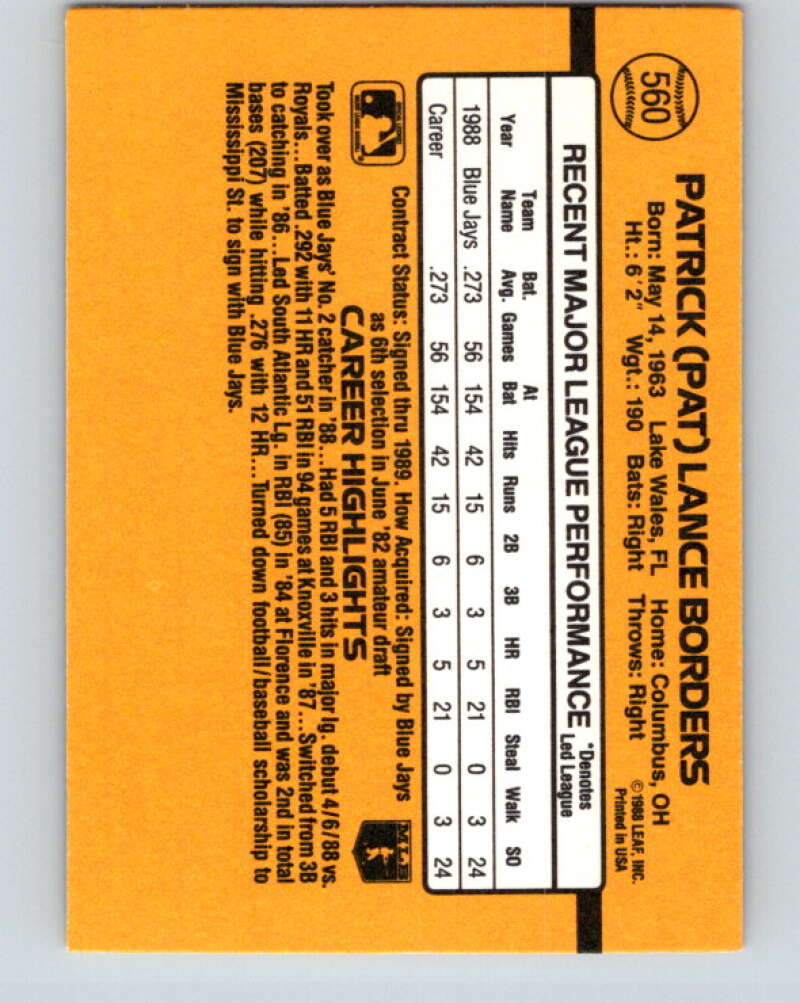 1989 Donruss #560 Pat Borders DP Mint RC Rookie Toronto Blue Jays Image 2