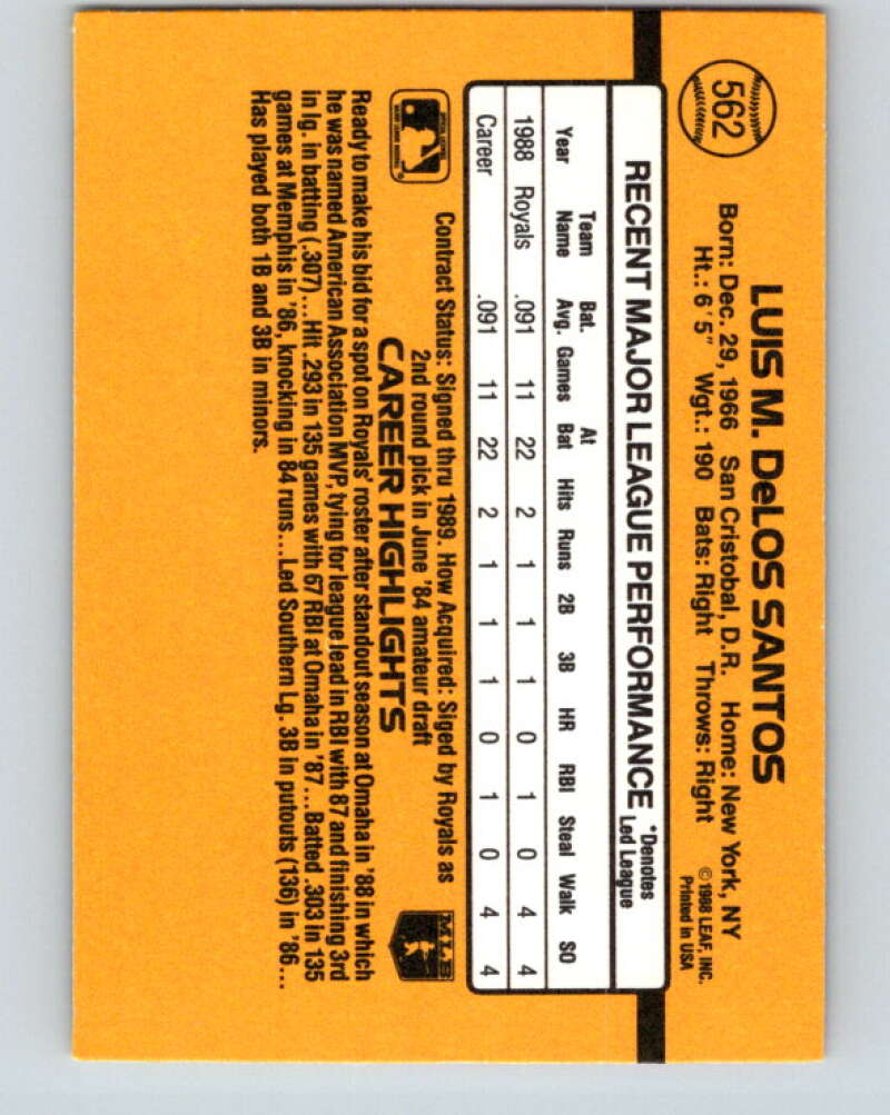 1989 Donruss #562 Luis de los Santos DP Mint RC Rookie Kansas City Royals Image 2